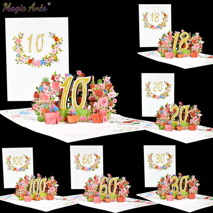 Tarjeta de aniversario emergente con números 1, 10, 28, 21 y 30 en 3D para cumpleaños, bodas