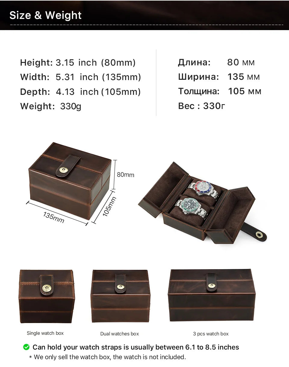 Retro Luxury Genuine Leather 2 Slots Watch Roll Case Travel Portable Organizer Display Storage Box with Pillow Handmade Gifts