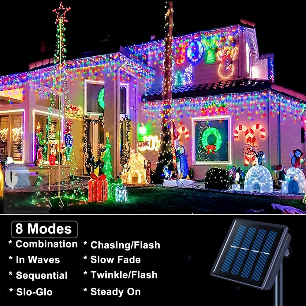 Outdoor Eaves Decoration 7.5M 160Leds Solar lcicle string Lights 8 Lighting Modes Christmas Halloween Party Holiday Lights