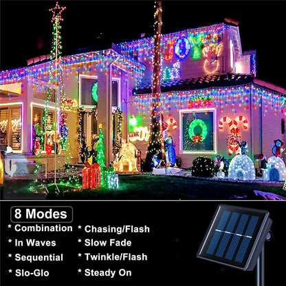 Outdoor Eaves Decoration 7.5M 160Leds Solar lcicle string Lights 8 Lighting Modes Christmas Halloween Party Holiday Lights
