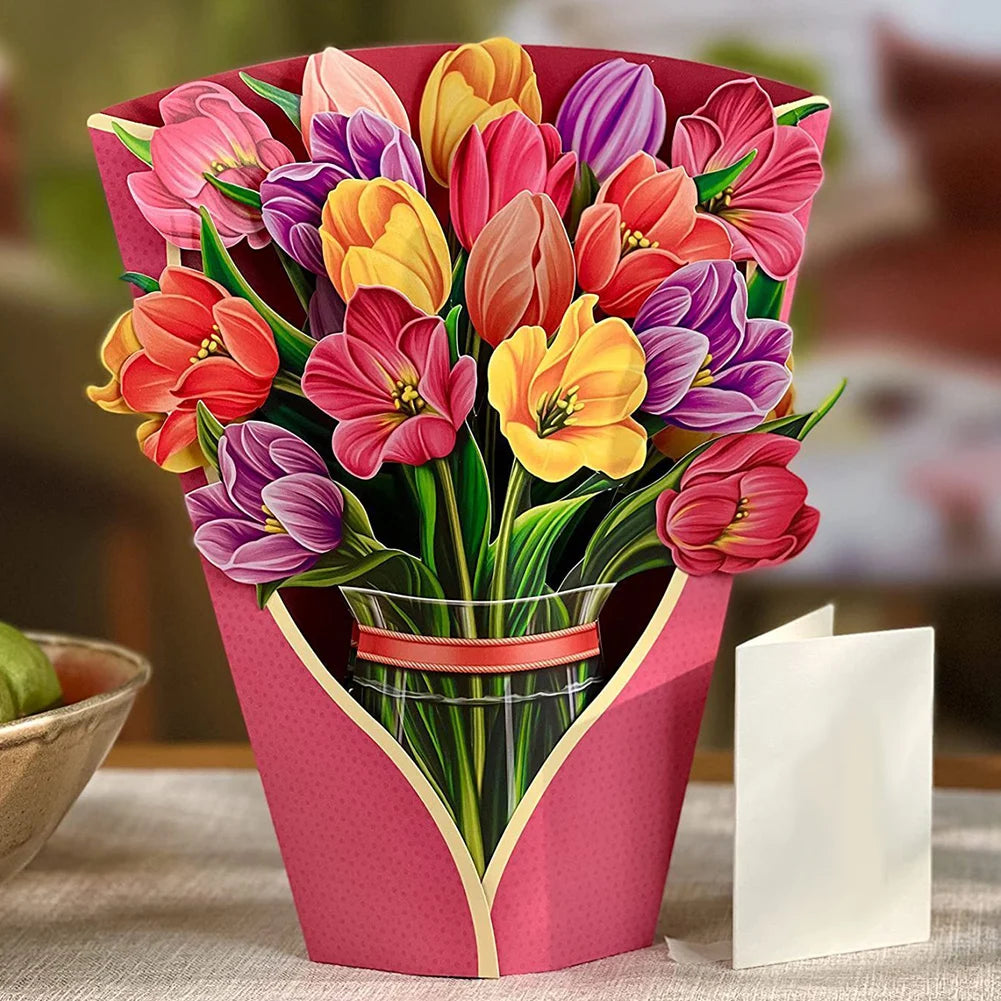 3D Pop Up Flower Greeting Card for Mothers Day Creative Multi-Style Bouquet Birthday Card Thank You Postcard for Birthday Easter