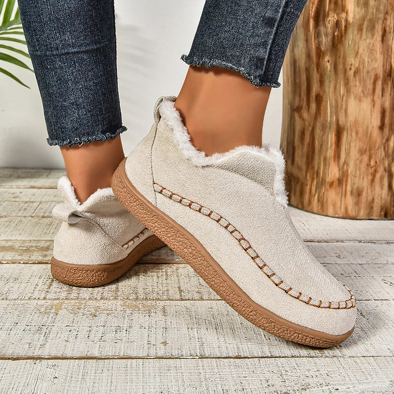 2024 New Hot Sale Suede Leather Ankle Boots Women Round Toe Thicken Fuzzy Snow Boots Comfortable Flat Anti-Slip Booties Mujer