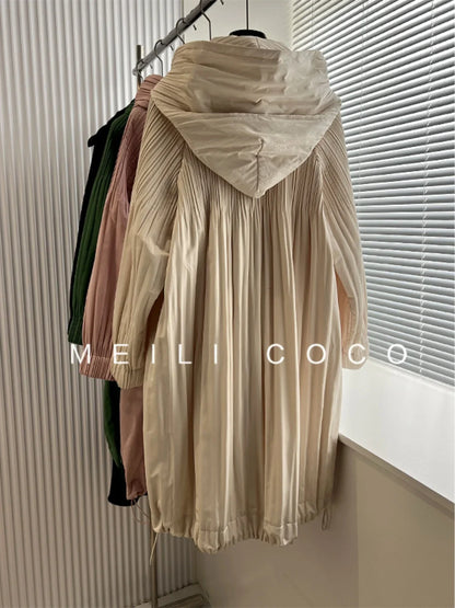 ALSEY Miyake Pleated Solid Collar Hooded Fashion Women's Jacket 2024 Autumn Winter New Long-sleeved Slim Lengthened Windbreaker