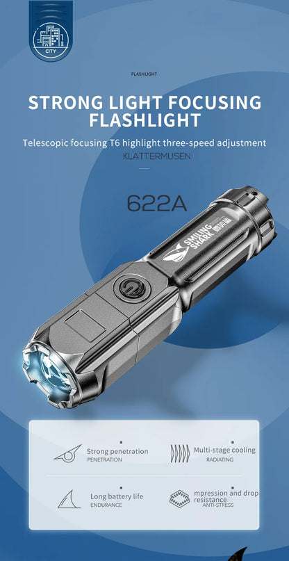Outdoor Strong Lighting Flashlight Work Light Highlight Rechargeable Zoom Tactical Outdoor Night Camping Portable LED Torch Lamp