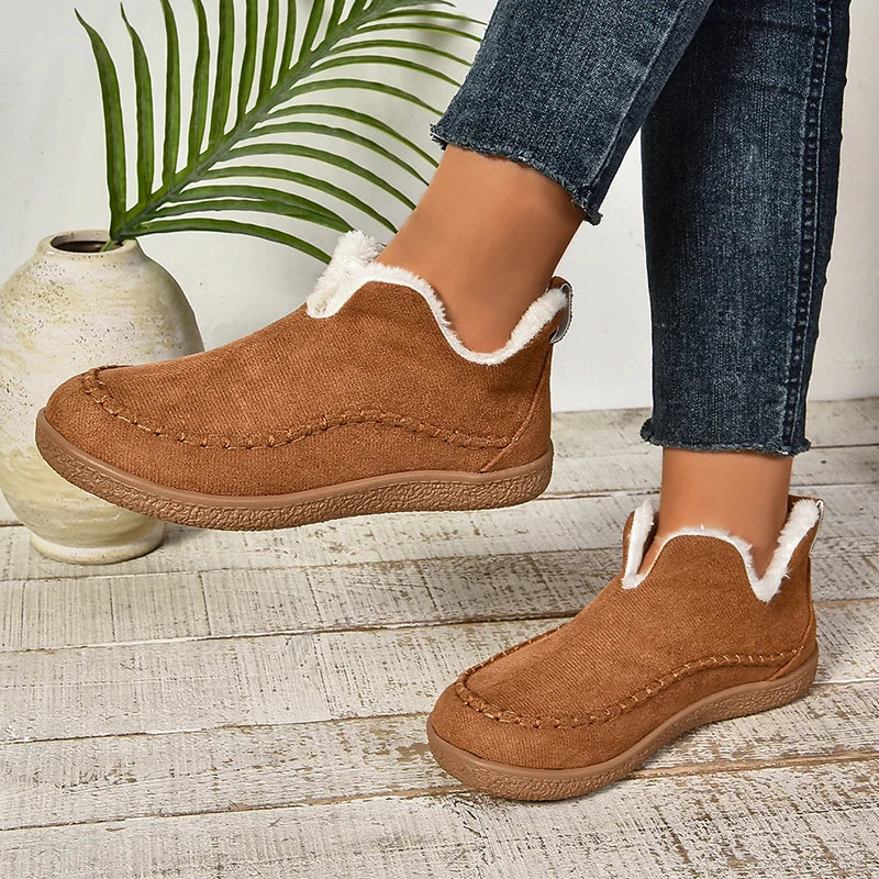 2024 New Hot Sale Suede Leather Ankle Boots Women Round Toe Thicken Fuzzy Snow Boots Comfortable Flat Anti-Slip Booties Mujer