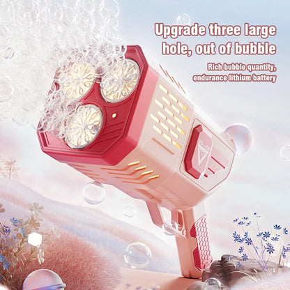 Pistola de burbujas con forma de cohete, 36 agujeros, máquina de burbujas de jabón, soplador automático con luz, juguetes para niños, regalo para el día de los niños