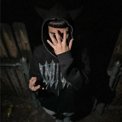 Sudadera con capucha y cremallera de cara completa con diamantes de imitación unisex Y2K, holgada, de gran tamaño, con estampado de letras góticas y estrellas, para hombre y mujer