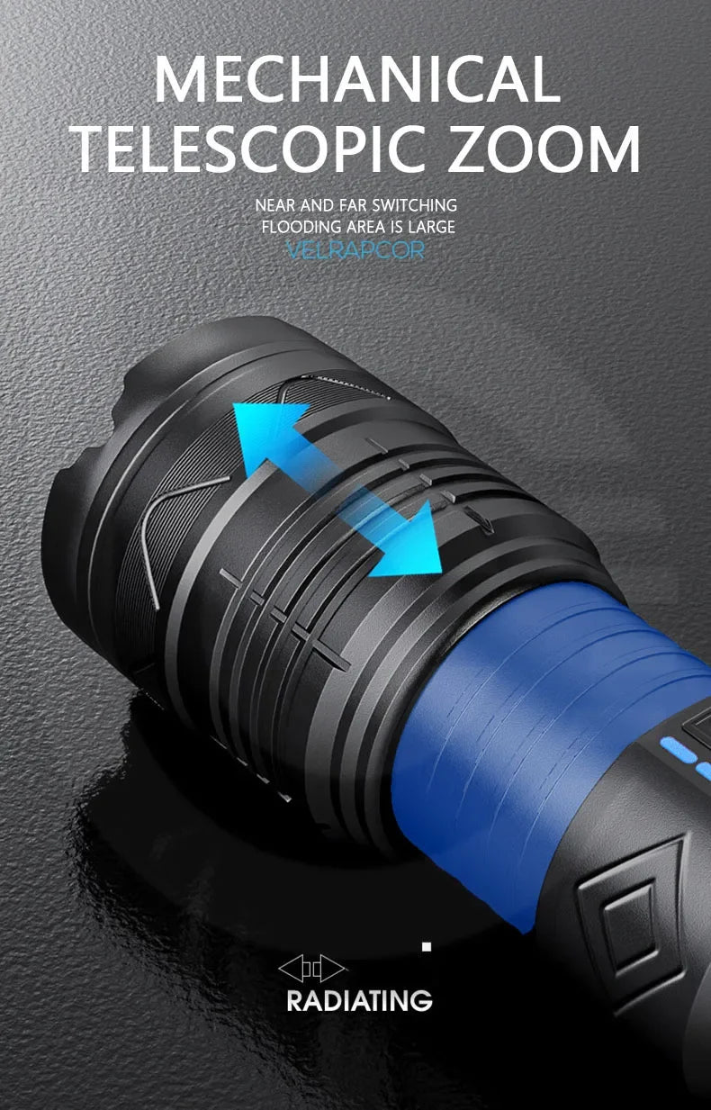 Linterna LED potente GT60 de 100 W, linterna táctica de largo alcance con pantalla de potencia, linterna con zoom recargable por USB para acampar al aire libre