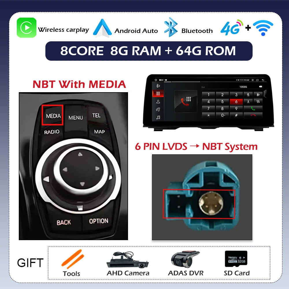 Android 14 Wireless CarPlay For BMW 5 Series F10 F11 2011 - 2017 CIC NBT System Car Radio Multimedia Video Player Navigation GPS