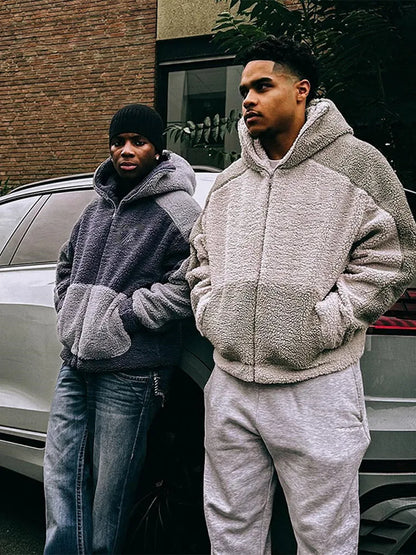 Manteau d'hiver en laine d'agneau pour homme, ample, décontracté, contraste, épissure, capuche, fermeture éclair, vêtements d'extérieur, peluche, épais, chaud, couple
