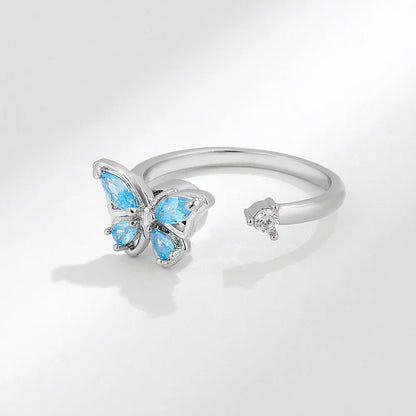 Blue Fidget Spinner Ring Anxiety for Women Multiple Crystal Flower Butterfly Animal Ring Rotate To Anti Stress for Wedding Party