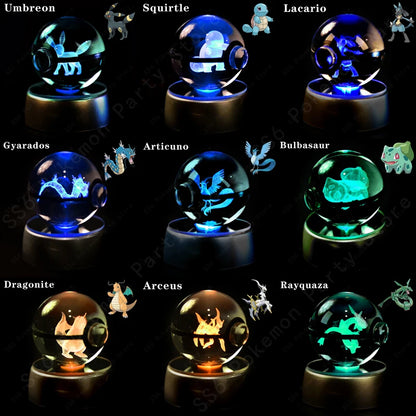 Lámpara de bola de cristal de Pokémon 3D, Pikachu, Gengar, Mew, Mewtwo, base para lámpara, bola de cristal de Pokémon, figura de bola de cristal, luz nocturna, regalo de cumpleaños