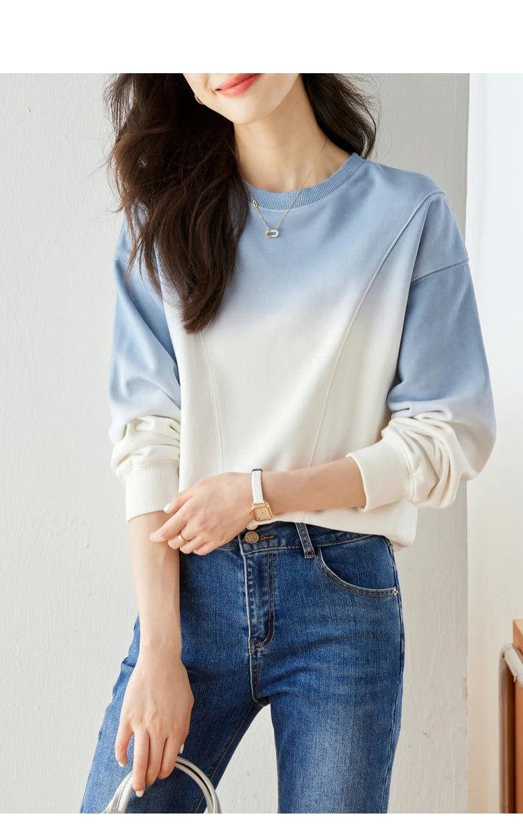 VIMLY Loose Gradient Sweatshirts for Women  Autumn Fashion Casual Round Neck Pullovers Long Sleeve Tops Female Clothes M2967