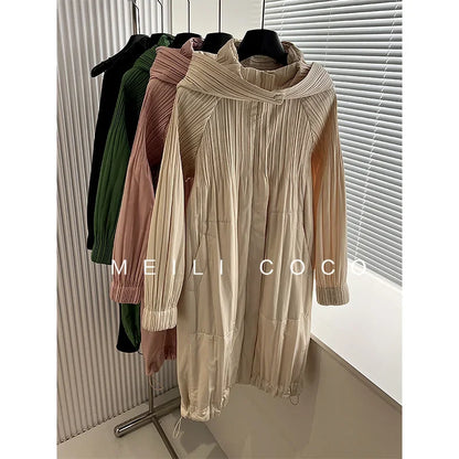 ALSEY Miyake Pleated Solid Collar Hooded Fashion Women's Jacket 2024 Autumn Winter New Long-sleeved Slim Lengthened Windbreaker