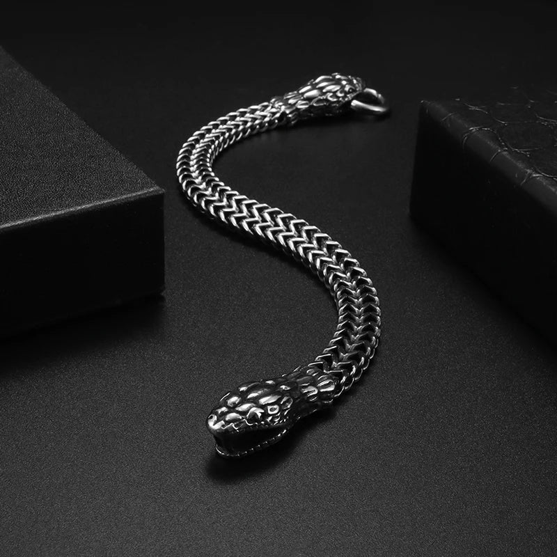 Stainless Steel Nordic Double Wolf Head Bracelet Men\\\'s Retro Punk Mesh Chain Animal Bracelet Hip Hop Rock Trend Jewelry