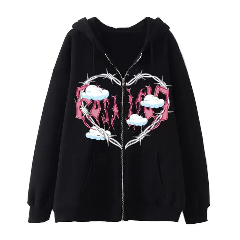 American retro street dark skeleton black fashionable loose zipper hooded sweatshirt for men and women Harajuku casual