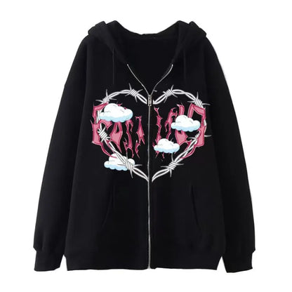 American retro street dark skeleton black fashionable loose zipper hooded sweatshirt for men and women Harajuku casual