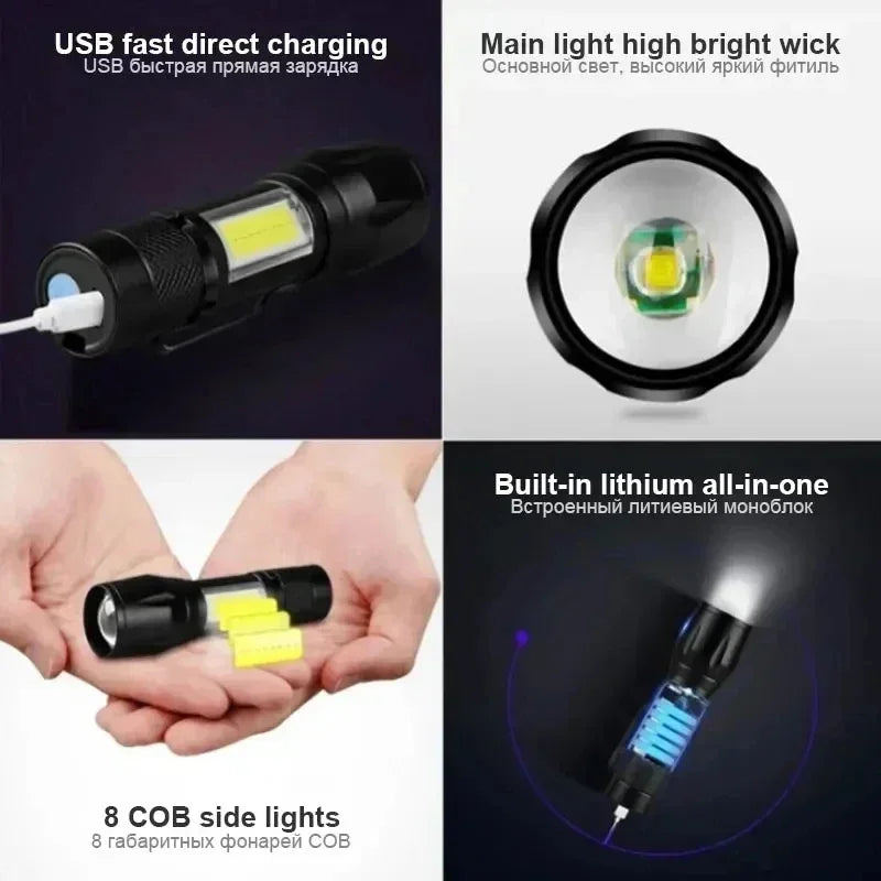 Powerful Mini LED Flashlight Pen Clip Zoom Torch Built in Battery USB Rechargeable Lantern with Side Light Outdoor Camping Lamp
