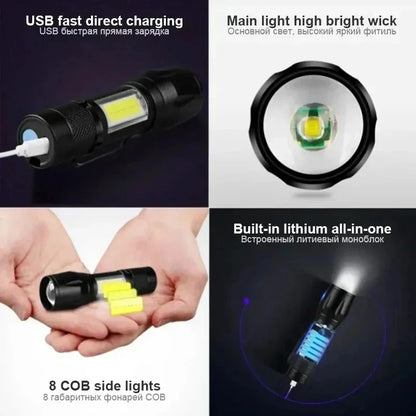 Powerful Mini LED Flashlight Pen Clip Zoom Torch Built in Battery USB Rechargeable Lantern with Side Light Outdoor Camping Lamp