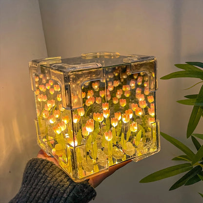 Romantic Tulip Flower Box Handmade Led Tulip Night Light DIY Material Package Bed Desktop Ornament Mirror Box Living Room Decor