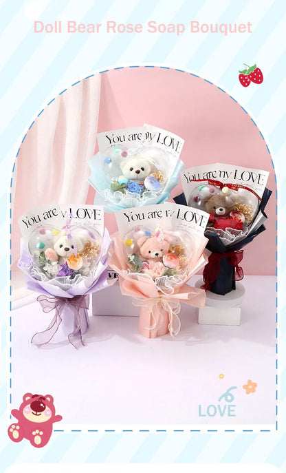 Artificial Rose Flower Bouquet Doll Bear Birthday Party Mother's Day Gift Wedding Bouquet Romantic Appointment Decor Accessories