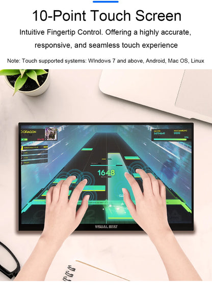 Visual Beat Portable Touch Screen Monitor 17.3'' 1080P FHD IPS USB-C Display with USB 2.0, HDMI, Dual Speakers for Laptop PC