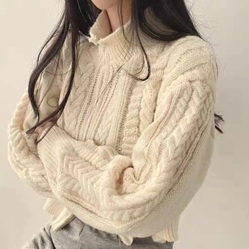 Twists Knit Short Coat Long Sleeve Zipper Sweater Casual Women Cardigan Vintage Winter Korean Chic Elegant 2024 Lady Trend Top