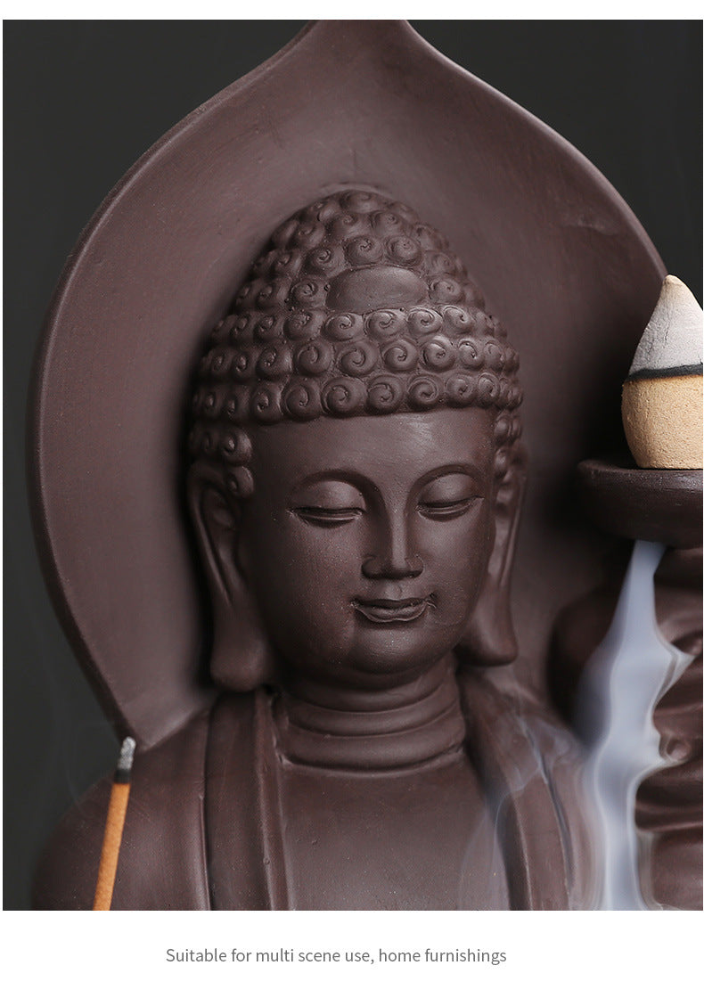 1pc Brûleur d'encens à refoulement Nuages ​​de bon augure Bouddha Brûleur d'encens à refoulement en argile violette Porte-encens (sans encens)
