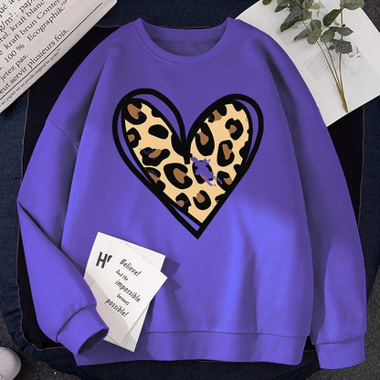 Sweat-shirt d'hiver Harajuku pour femme, imprimé léopard incomplet, imprimé cœur, sweat à capuche, chaud, col ras du cou, polaire confortable