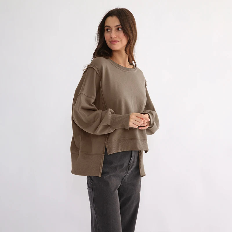 Oversized 100% Cotton Women Sweatshirts Long Sleeve Patchwork Open Side Streetwear Harajuku Pullovers Autumn Clothes For Women