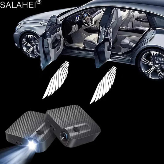 2Pcs Car Angel Wings Wireless Door LED HD Welcome Decorative Light Courtesy Bulb Lamp Shadow Projector Lamp Car Accessories