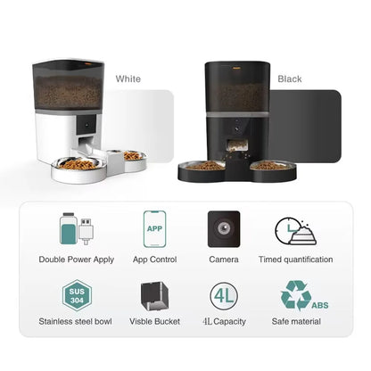 Comedero automático para gatos de 4 l, comedero inteligente para mascotas, dispensador de comida para gatos y perros pequeños con cámara grabadora, temporizador cuantitativo, cuenco doble
