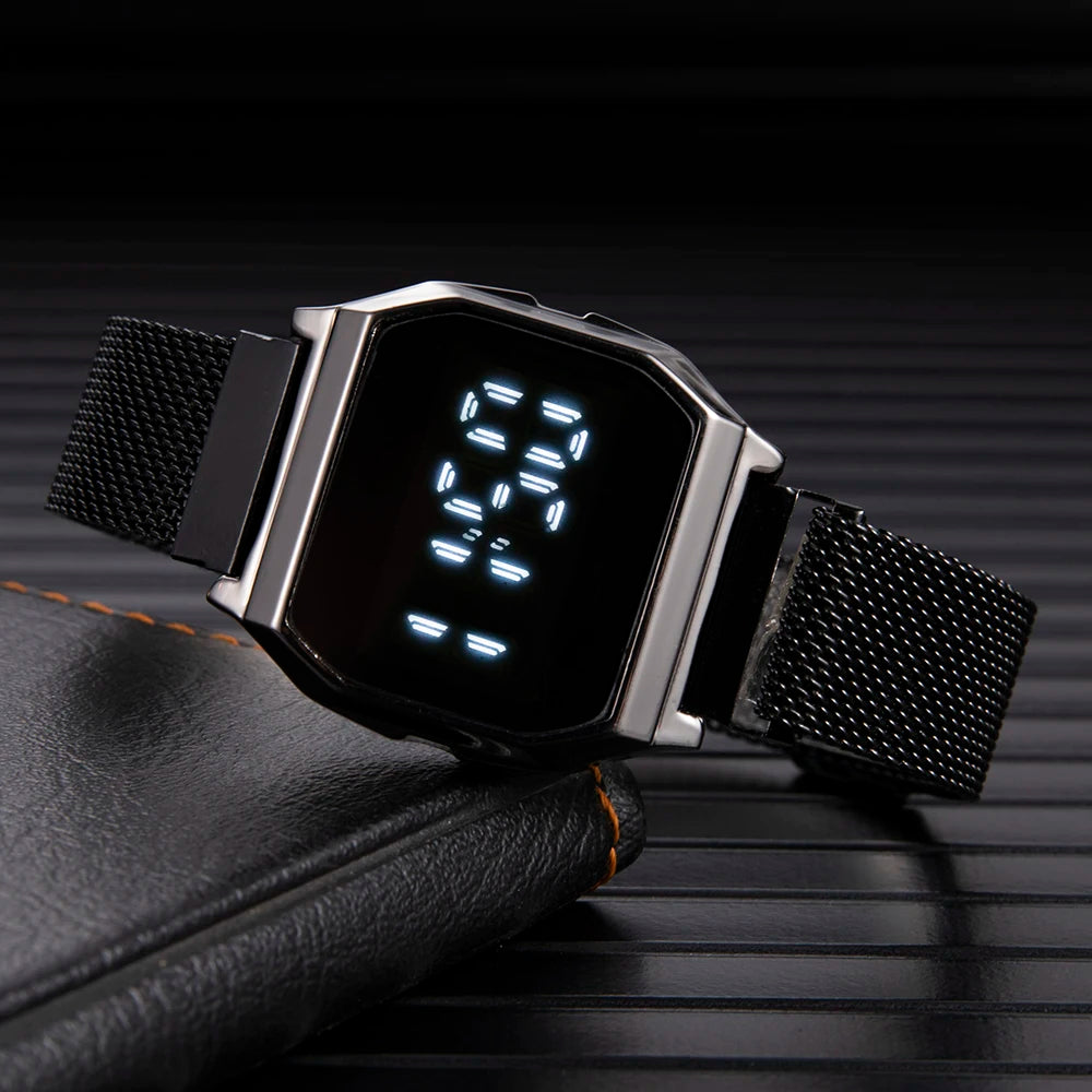 Simple Square LED Watch for Men Women Luxury Gold Men's Digital Watch Metal Mesh Strap Fashion Mens Electronic Watch Male Clock