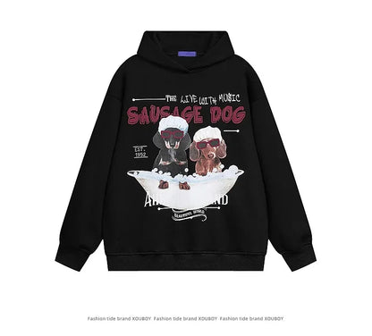 Vintage American Style Men's Creative Cool Dog Print Loose Fit Grey Fleece Lined Hooded Sweatshirt Couple Model Casual Wear