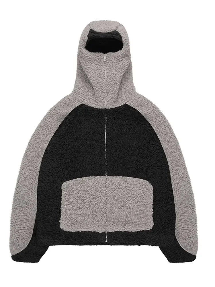 Autumn Winter Lamb Wool Fashion Loose Men's Jacket Contrast Patchwork Hooded Zipper Coat Plush Thicking Warm Couple Clothing