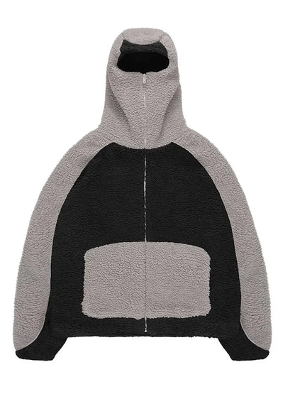 Autumn Winter Lamb Wool Fashion Loose Men's Jacket Contrast Patchwork Hooded Zipper Coat Plush Thicking Warm Couple Clothing