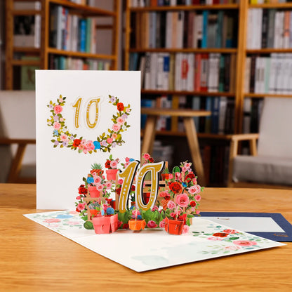Tarjeta de aniversario emergente con números 1, 10, 28, 21 y 30 en 3D para cumpleaños, bodas