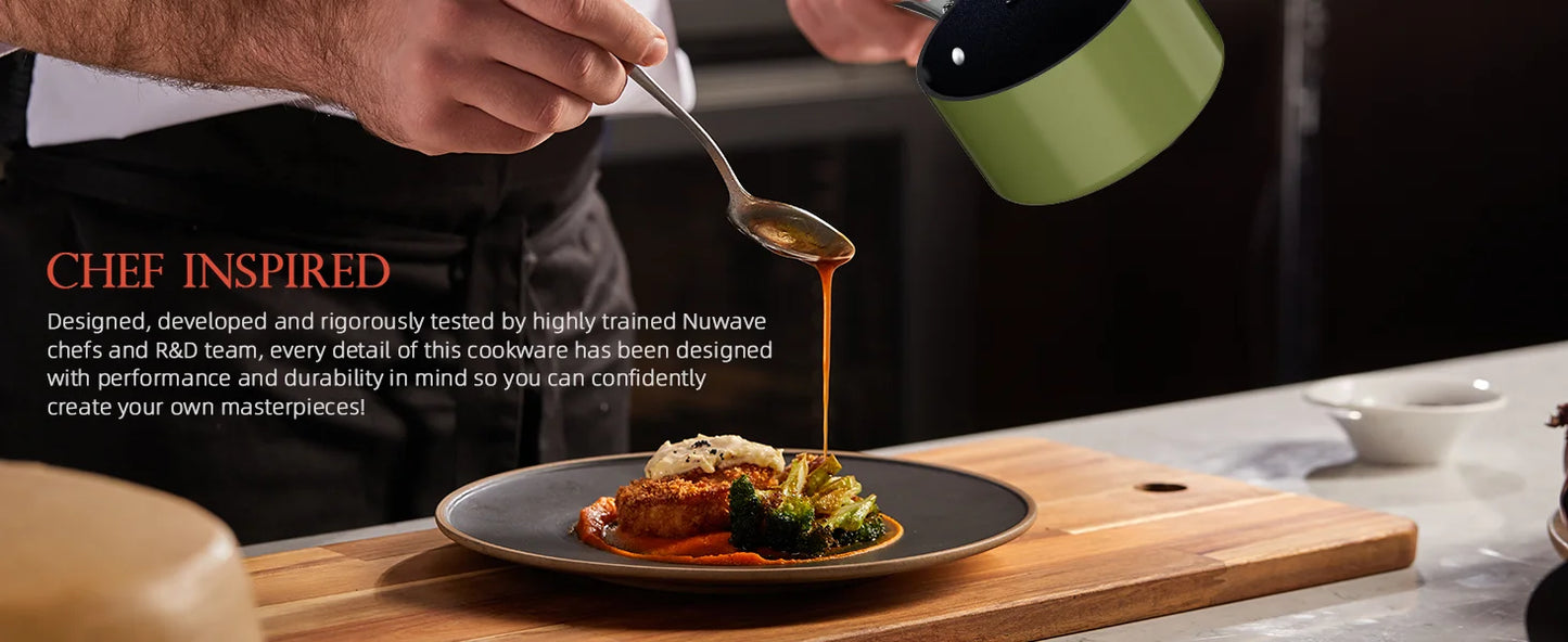 Nuwave Lux LE 13-Pc Cookware Set with Elegant Gold Handle Diamond Infused Ceramic Non-Stick PFAS Free Premium Metal Lids Avocado