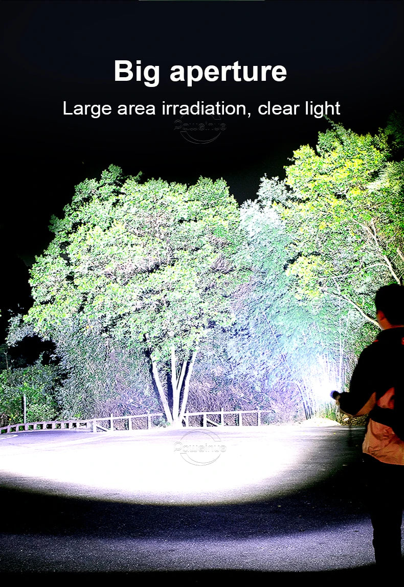 Linterna LED de alta potencia XHP 120, linterna con batería 18650 26650, recargable por USB, con zoom, para emergencias, acampadas al aire libre y pesca