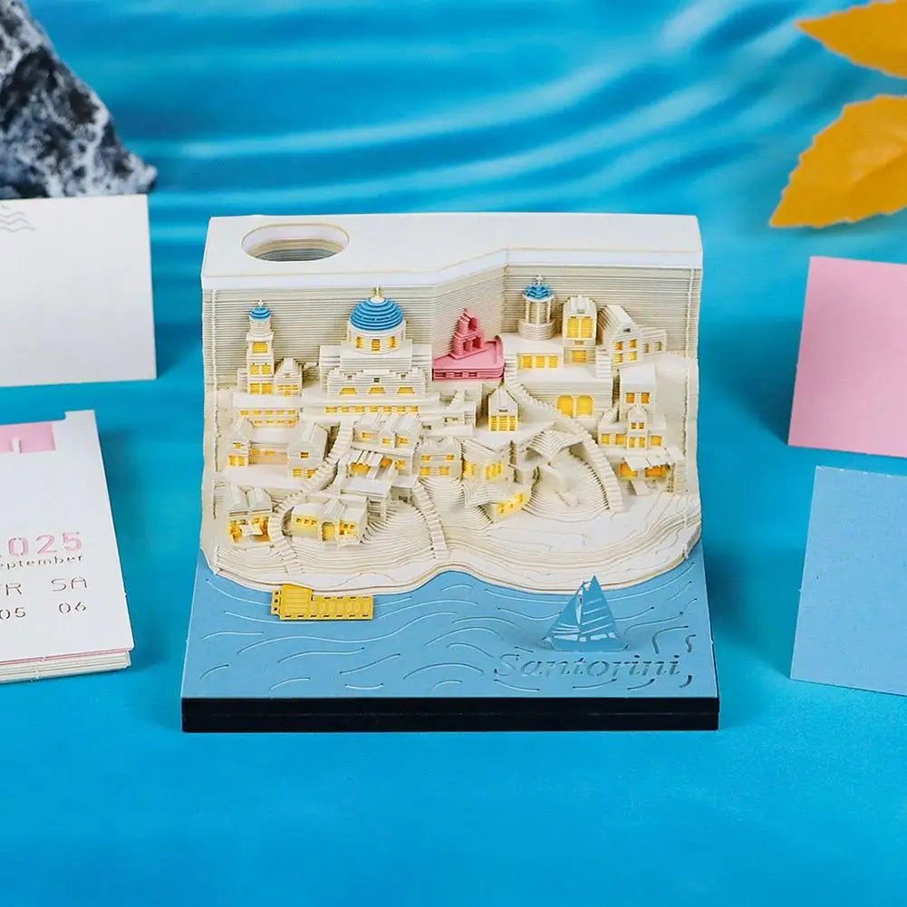 2025 Calendar 3D Notepad Block Santorini 3D Art Calendar With Led Lihjt Memo Pad Paper Notes Desk Decor Birthday Christmas Gift