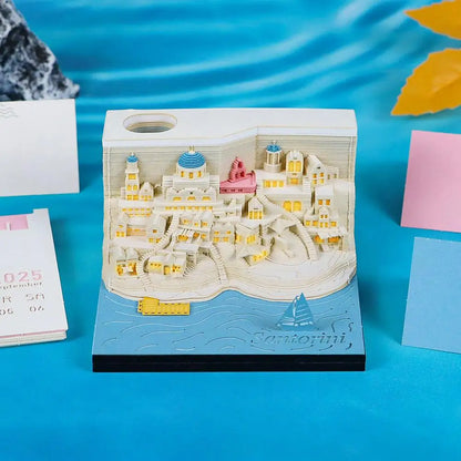 2025 Calendar 3D Notepad Block Santorini 3D Art Calendar With Led Lihjt Memo Pad Paper Notes Desk Decor Birthday Christmas Gift