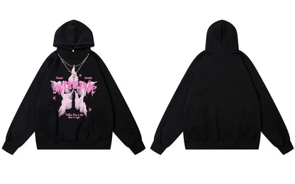 Oversized Hoodie Grunge Vintage Star Graphic Printed Hooded Sweatshirt with Chain Hip Hop Punk Gothic Baggy Pullover Streetwear