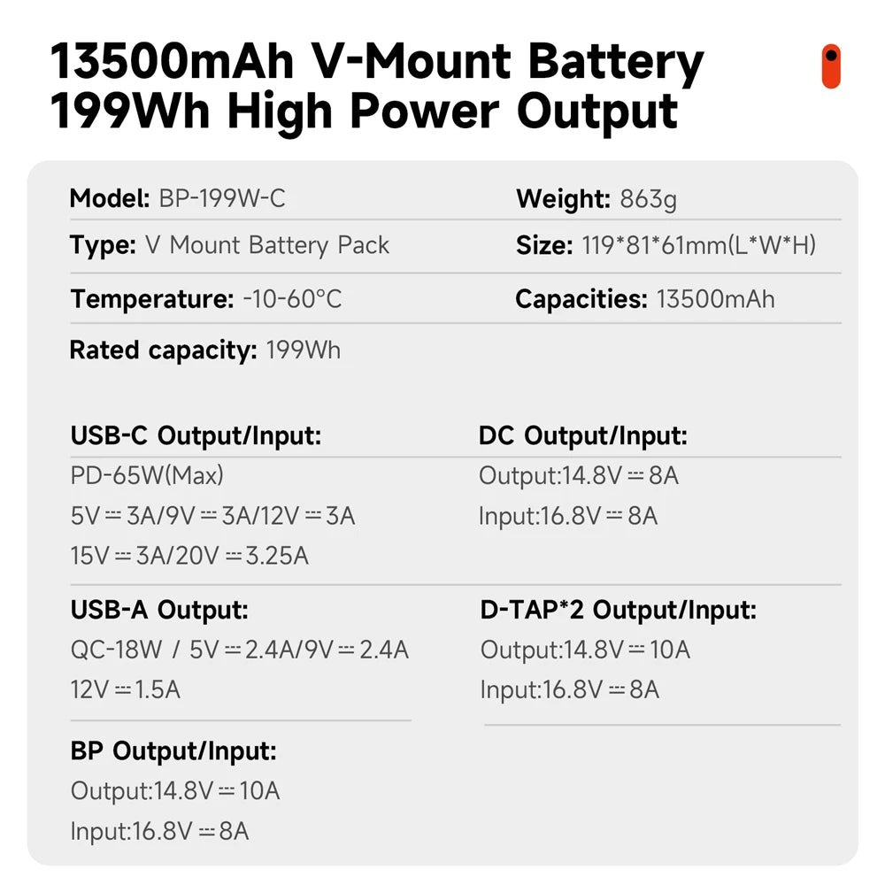 PALO BP-99 BP-199 V Mount Battery Power Bank 14.8V V Lock V Shape Li-ion Battery PD Fast Charging for cameras smartphones laptop