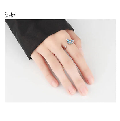 Blue Fidget Spinner Ring Anxiety for Women Multiple Crystal Flower Butterfly Animal Ring Rotate To Anti Stress for Wedding Party