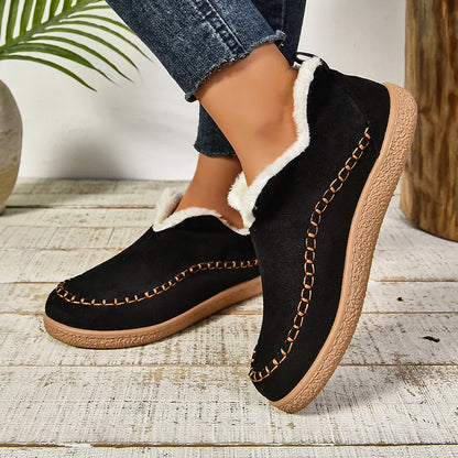 2024 New Hot Sale Suede Leather Ankle Boots Women Round Toe Thicken Fuzzy Snow Boots Comfortable Flat Anti-Slip Booties Mujer