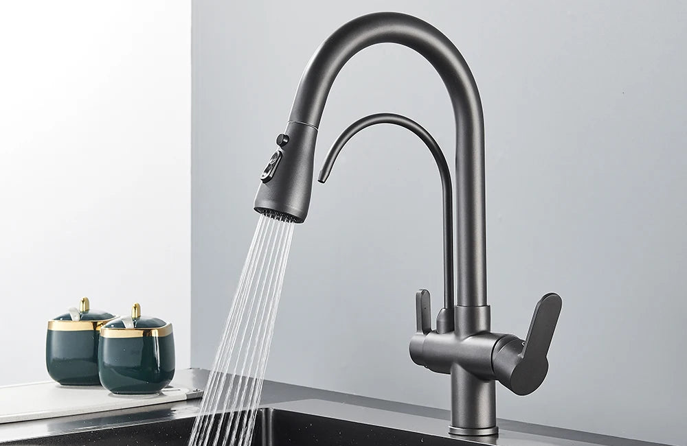 Grifo de cocina con filtro negro extraíble con rotación de 360 ​​grados y grifo mezclador de fregadero de tres vías