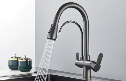 Grifo de cocina con filtro negro extraíble con rotación de 360 ​​grados y grifo mezclador de fregadero de tres vías