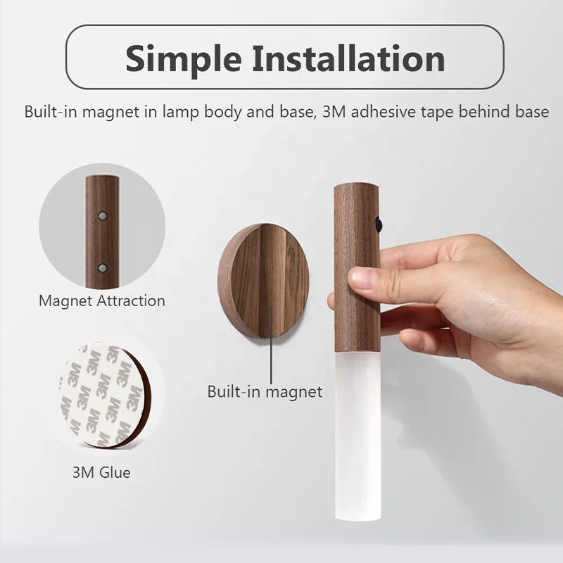 Luz LED de pared portátil e inteligente para interiores, luz nocturna para pasillo, carga USB, sensor de movimiento con grano de madera, activación por inducción