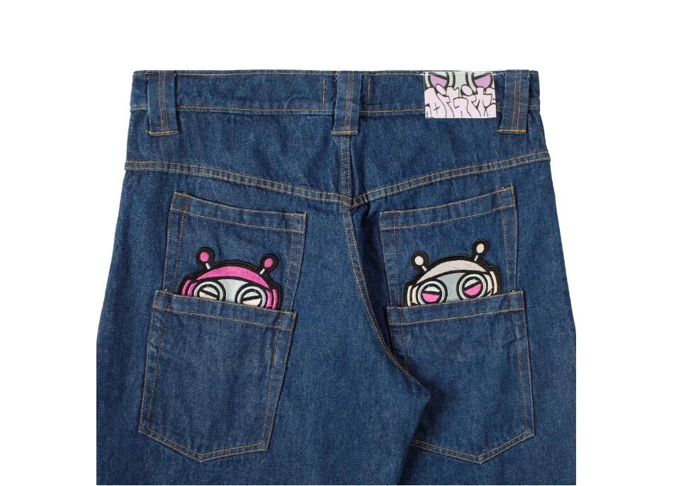 American retro high street design hip-hop trend loose straight wide-leg pants brushed patch washed distressed casual jeans