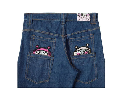 American retro high street design hip-hop trend loose straight wide-leg pants brushed patch washed distressed casual jeans